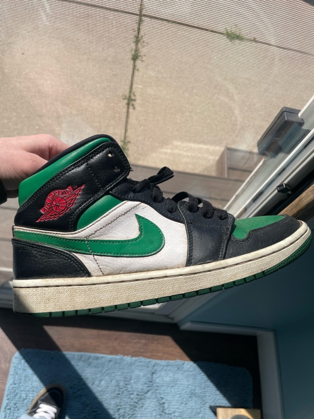 Nike Air Jordan 1 Mid Black White Green with Red Wings Accent